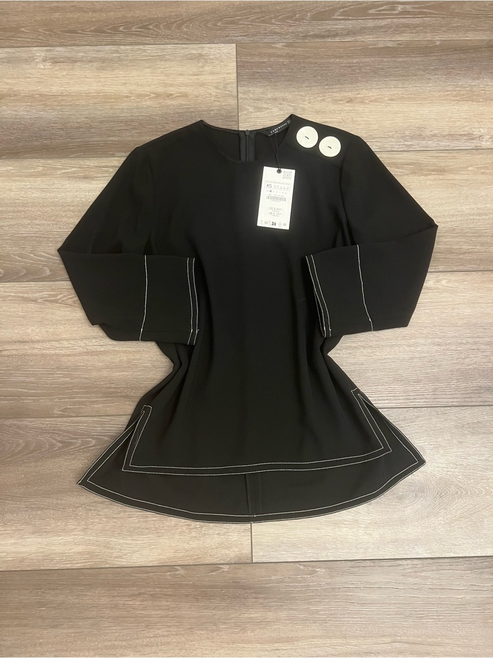 Zara Black Long-Sleeve blouse with White Contrast Stitching